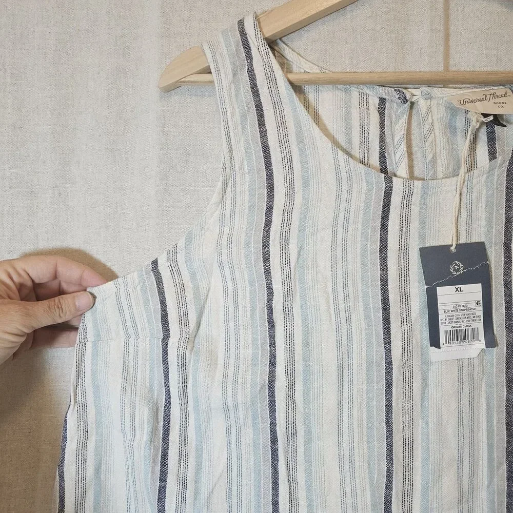Universal Thread Tank Cami Top Womens Large Blue Ivory Stripe Linen Blend
